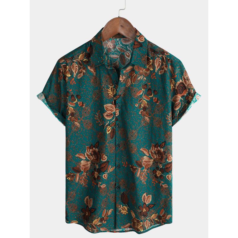 Retro floral print short sleeved shirt for men's casual lapel single breasted shirt 3D printed polyester short sleeved shirt