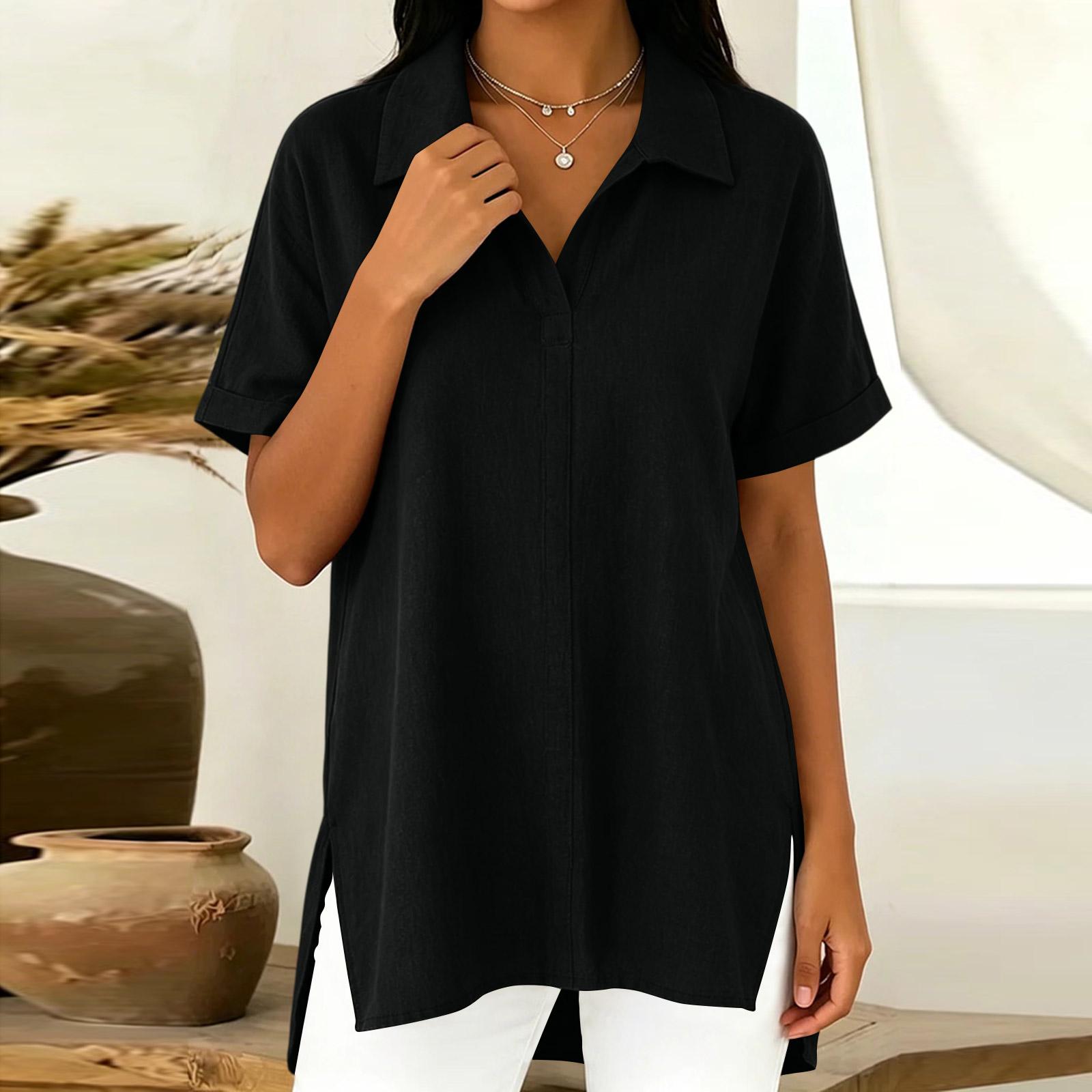 

Women’s Relaxed Fit Collared Short Sleeve Buttonless Shirt Casual Loose Top Suitable for Daily Wear Business and Outdoor Activities L чёрный