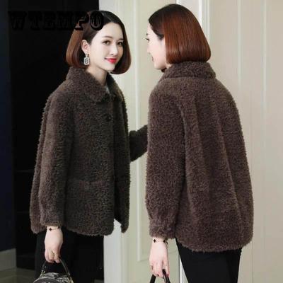 Sheep Sheared Fur Coat Women's Short Grained Fleece and Lamb Fur Coat