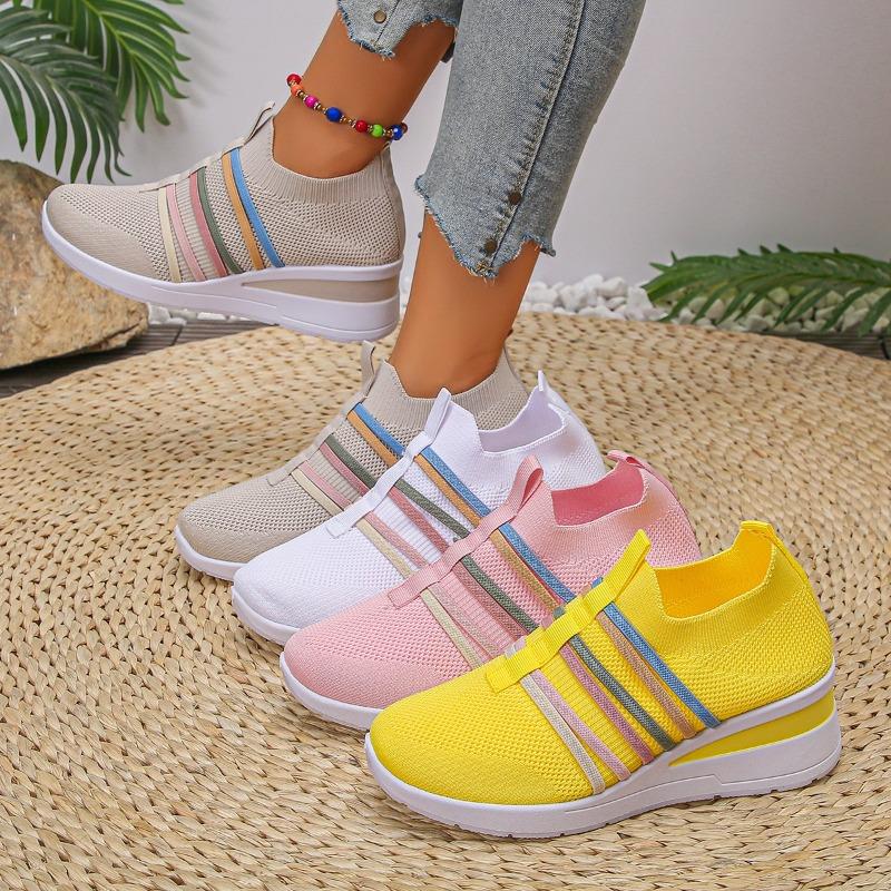 Wedge Single Shoes Autumn New Round Toe Mesh Colorblock Breathable Soft Sole Non-slip Wear-resistant Low Top Shoes