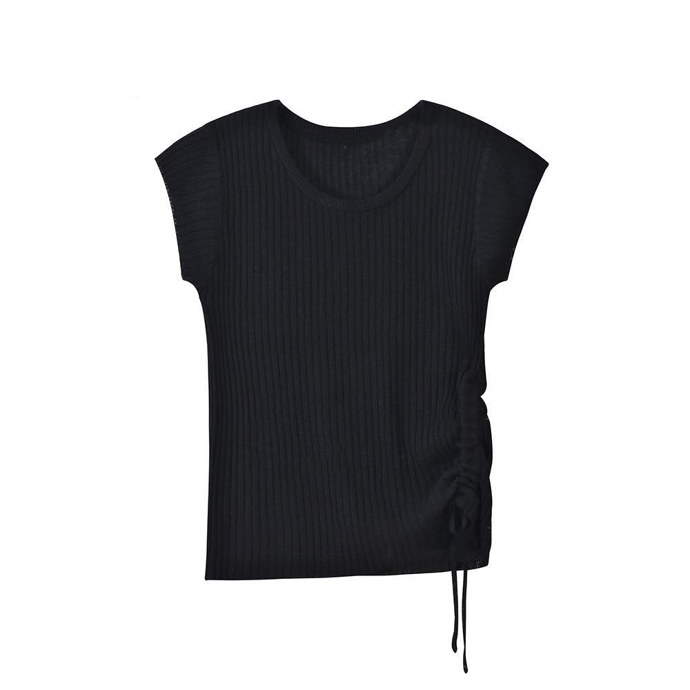 2026 Korean Style Women's Slim Fit Ice Silk Drawstring Knit Top - Short Sleeve Fashion Tee
