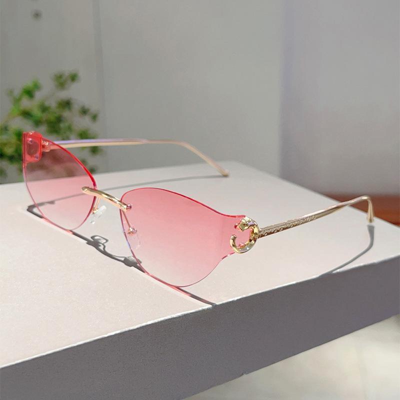 Popular Vintage Rimless Cat Eye Sunglasses Women For Men Luxury Brand Designer Sun Glasses Punk Metal Leopard Head Shades Uv