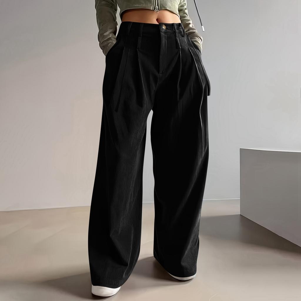 Women's Fashion Color Button & Zippered Pocket Fleece Straight Loose Casual Pants