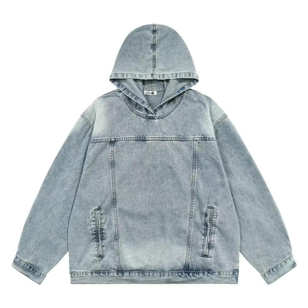 Women's Washed Vintage Hooded Denim Sweatshirt Teenager Long Sleeve Loose Pullover Top