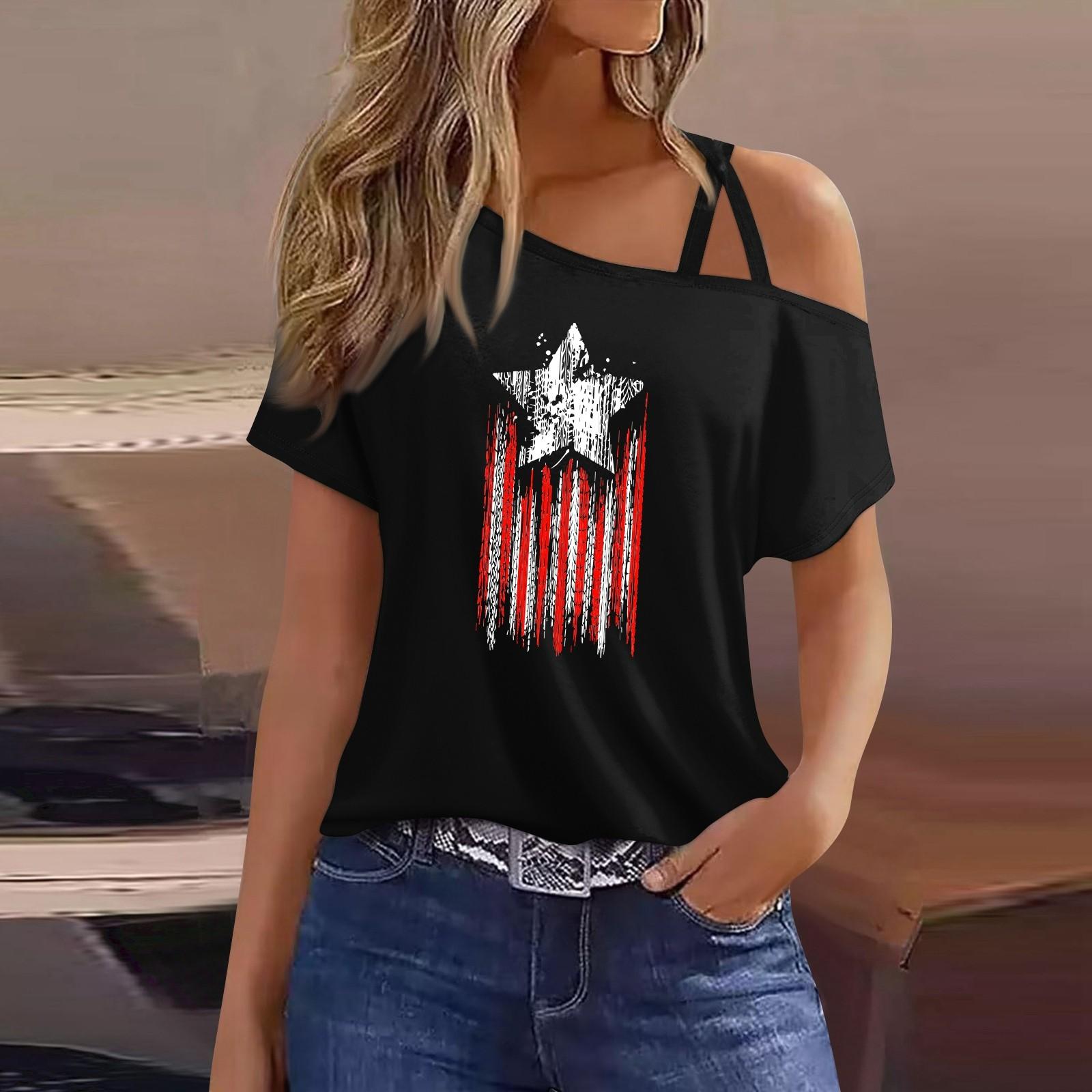 

Женская мода, повседневная футболка с принтом на День независимости, сексуальная футболка с короткими рукавами и открытыми плечами, топ XXL чёрный