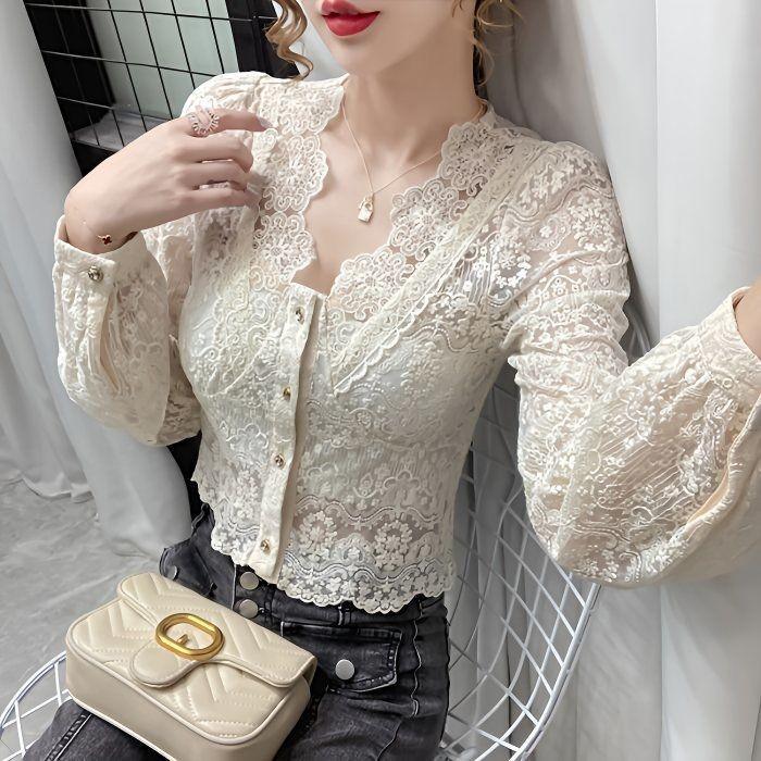 Chic Lace Crocheted V-neck Women's Shirt - Autumn/Winter Casual Fit