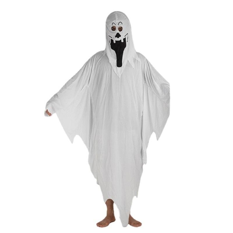 Adult Scary Smiling White Dress with Scary Face, Men Womens Halloween Cloak Cape for Cosplay Photo Props