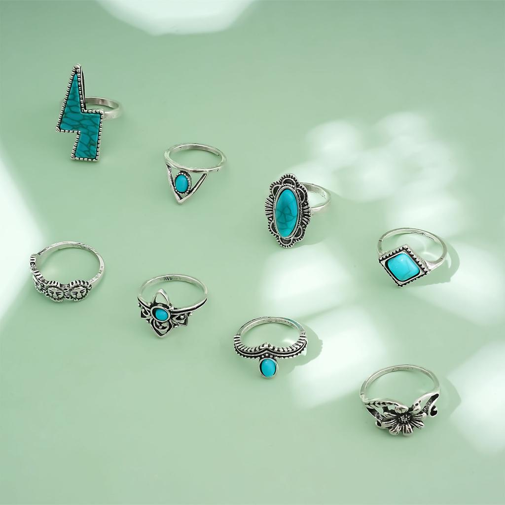 Combination Ring, Vintage Bohemian Lightning Flower Turquoise 8-Piece Set Jewelry