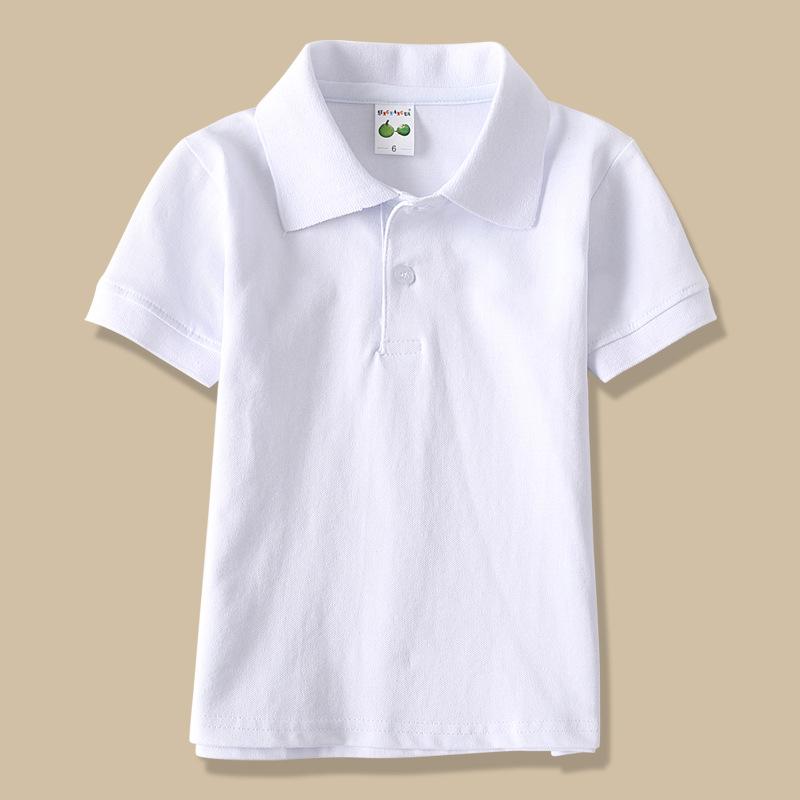 Guttehvit kortermet poloskjorte, grunnskoleuniform, nedbrettskrage, jenters avgangsklasset-skjorte