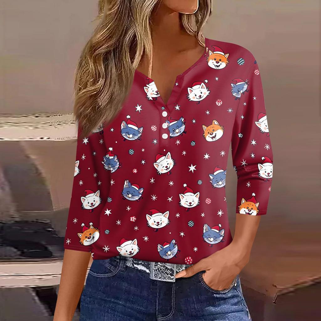 Women's Casual Christmas Print V-Neck 3/4 Sleeve Button T-Shirt