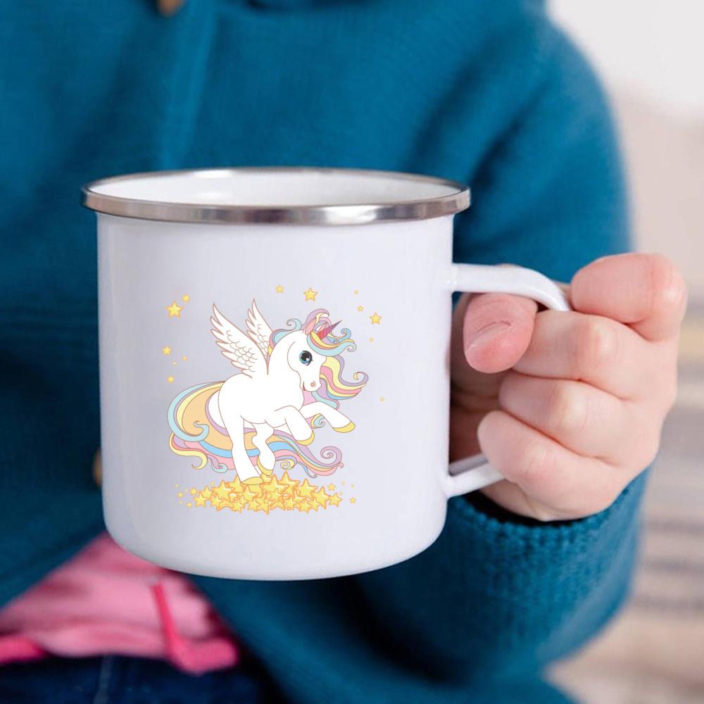 Cartoon Unicorn Printed Creative Mug Water Juice Drinks Milk Cup Enamel Mugs Handle Drinkware Kids Birthday Children's Day Gift