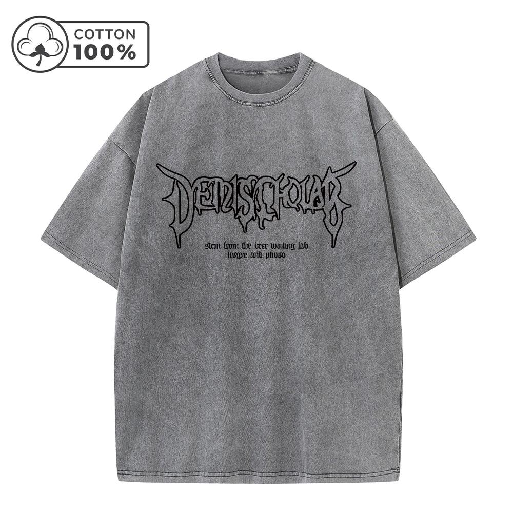 

Mens Gothic Style Text Printed Washed T Shirt Summer Commute Pure Cotton Short Sleeved Casual Loose Fitting Street Style Top S
