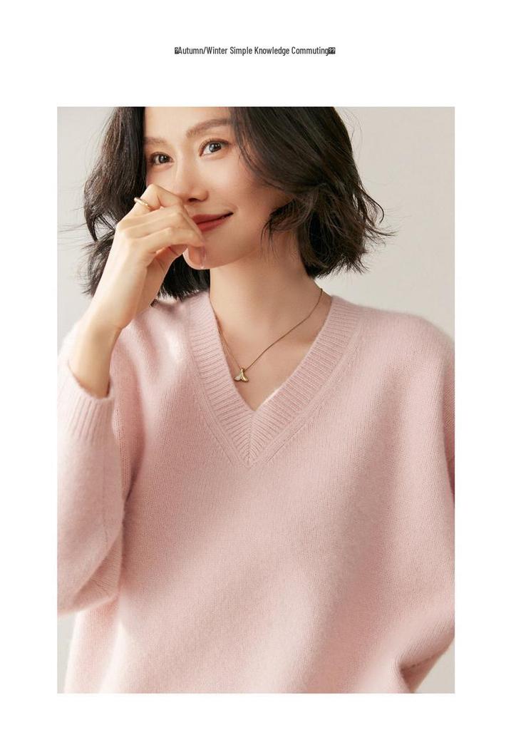 Lekasha Women's Cashmere V-Neck Loose-Fit Sweater