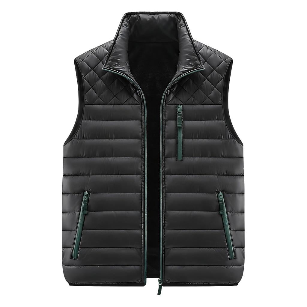 Men's Solid Color Fleece-lined Zip-up Vest, Stand Collar, Sleeveless, Outdoor Casual Warm Vest Jacket