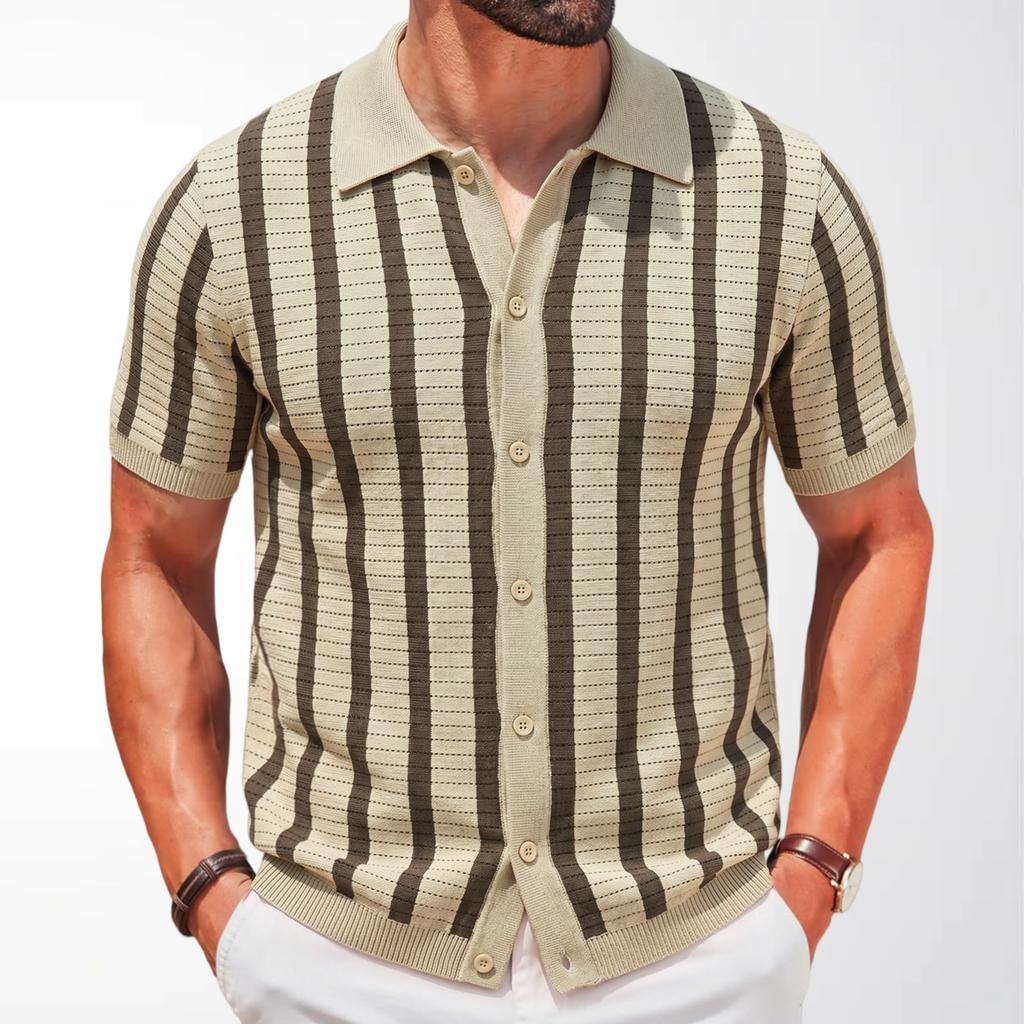 Men's Knit Short Sleeve Shirt Casual Button Down Shirt Vintage Knitted Golf Beach Collared Shirts Tops Crochet Hollow Out Summer Vacation Top for Men