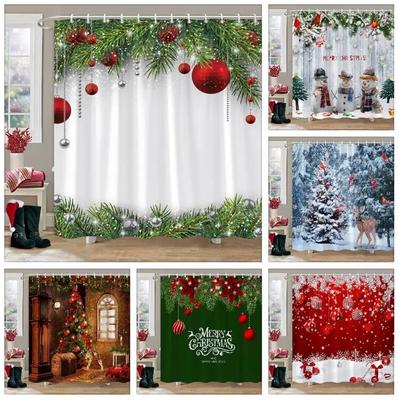 GAEChristmas Theme Shower Curtain Winter Snow Christmas Tree Deer Rustic Wooden Panel Fabric Washable Shower Curtain Bathroom