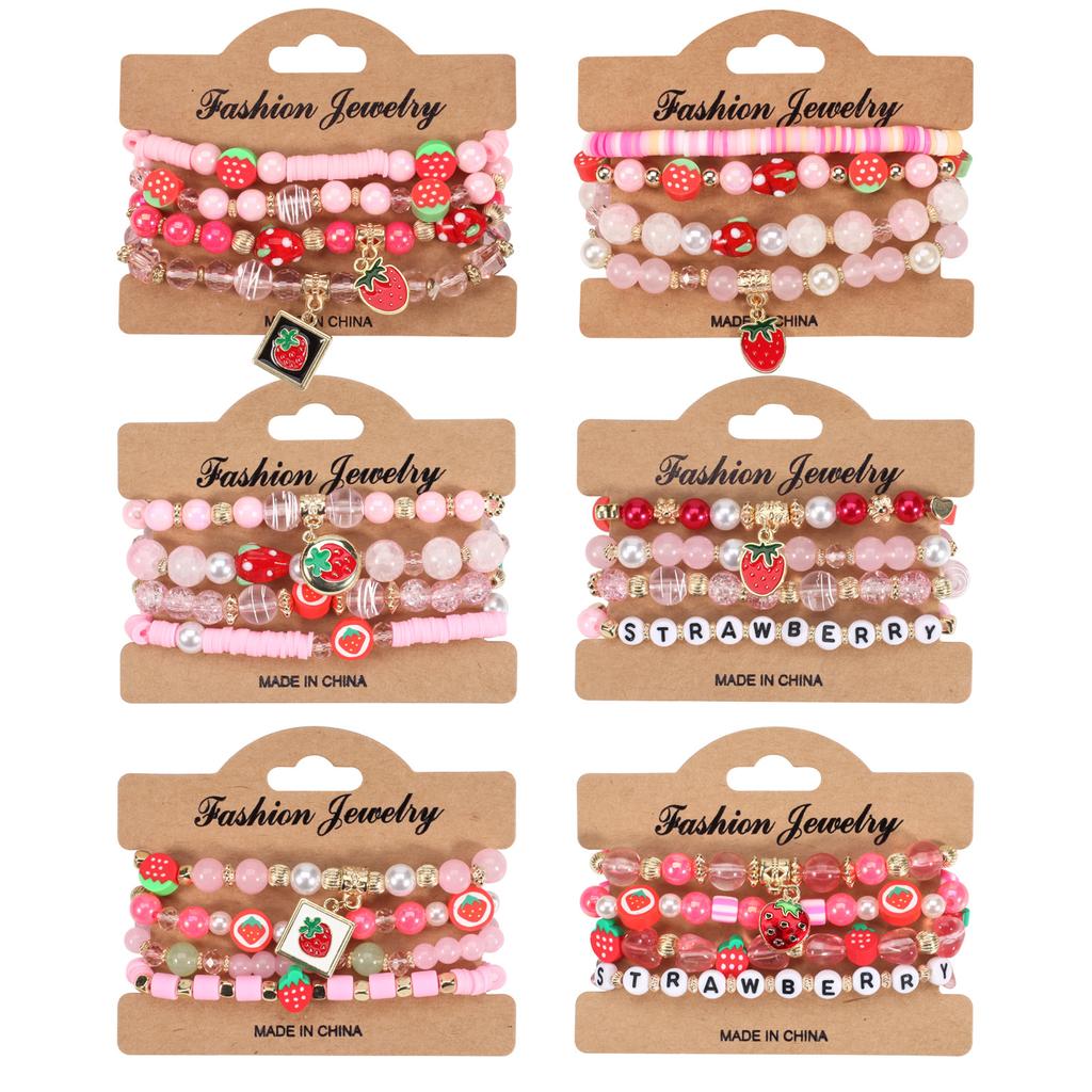 Strawberry Pendant Pink Beads Multilayer Stretch Bracelet Cute Fruit Hand Decoration Gift for Women