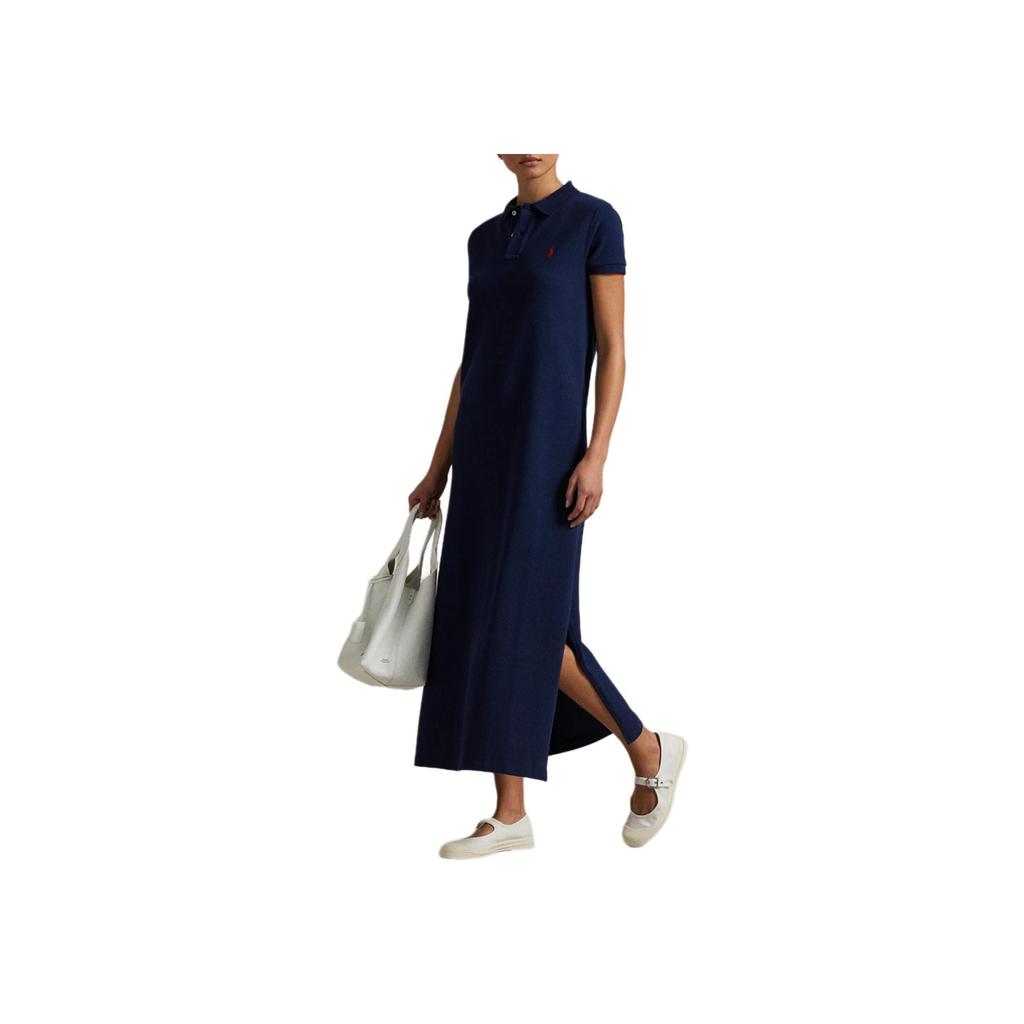 Polo Ralph Lauren Solid Color Polo Collar Straight Cut Side Split Short Sleeve Dress Women Dresses Navy-Blue 211968291-003