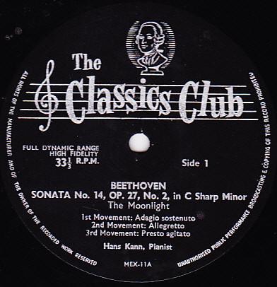 

10inch Record LUDWIG VAN BEETHOVEN HANS KANN The Moonlight And The Appassionata MEX11 The Classics Cl 1956 UK Classical Used