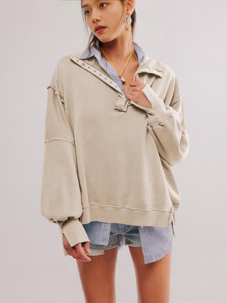 Streetwear Women Loose Fit Lantern Sleeve Hoodie With Button Details For Fall 2024
