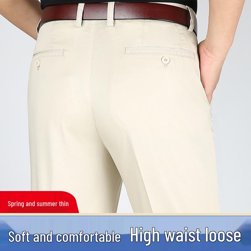 Men's High Waist Straight Leg Cotton Pants - Summer Casual, Solid Color, Middle-Aged, Loose Fit, Deep Crotch, Dad Trousers