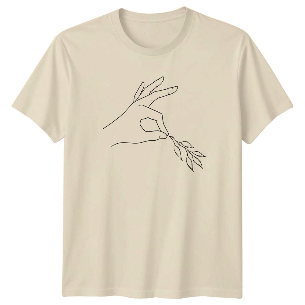 Minimalist Line Art Hand Holding Olive TShirt Botanical Nature