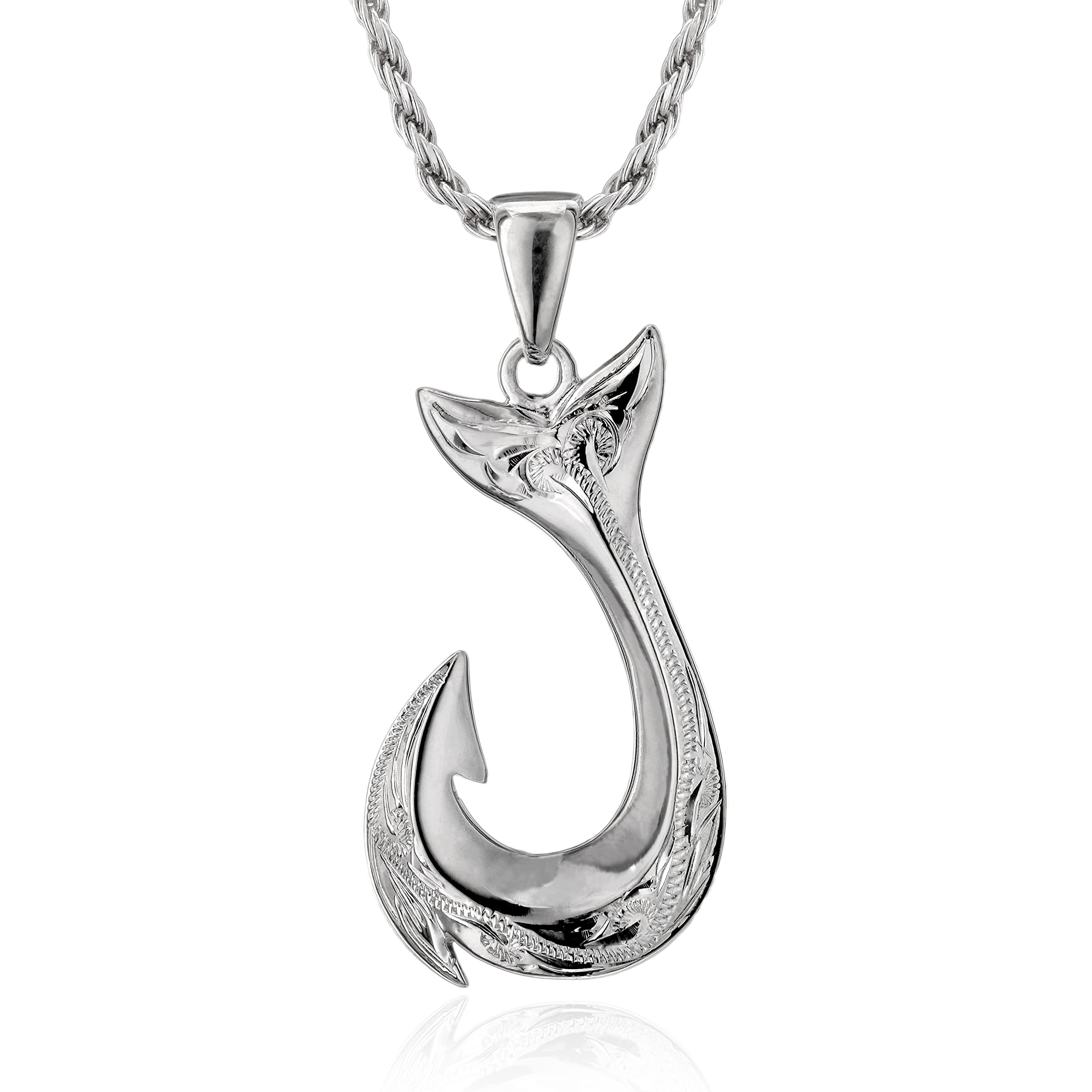 

Hawaiian Jewelry Fishhook Scroll Engraved Fish Hook Pendant Necklace Silver 925 with Rope Chain [Leilani] Men s (Comes 55cm)