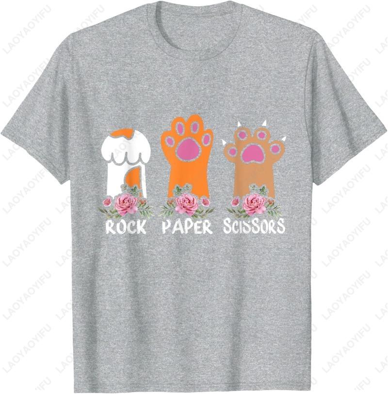 Rock Paper Scissors Hand Game Meme Animal Paw Flower Cat Men Women Cotton TShirt Trend Cute Meowy Oneck Printed Unisex Tops