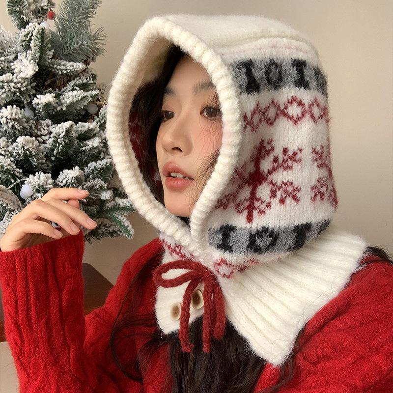 Snowflake Balaclava Hat for Women Autumn and Winter New Knitted Hat Warm Neck Scarf Integrated Ear Protection Woolen Hat