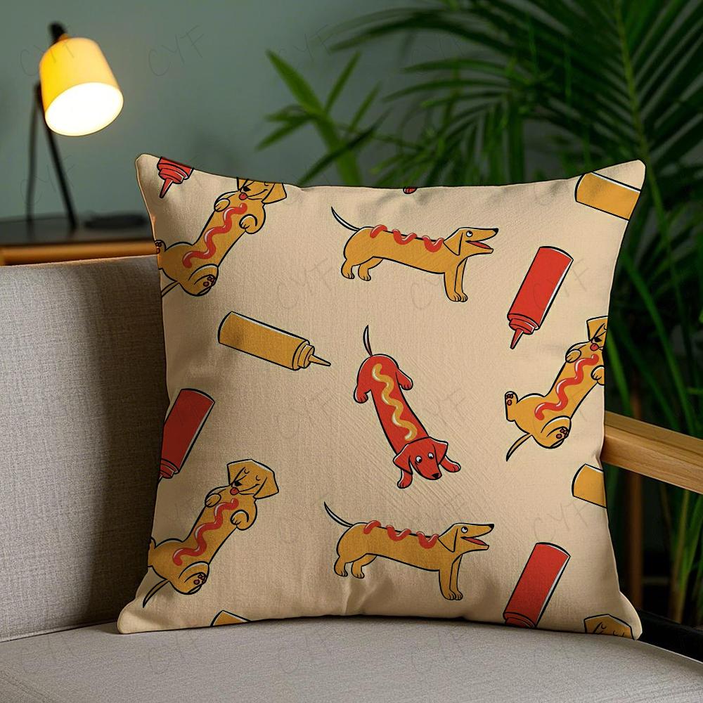 Sausage Dog Dachshund Cute Pillow Case Anti-Dustmite Pillowcase Invisible Zipper Silky Short Plush Sofa Cushion Cover