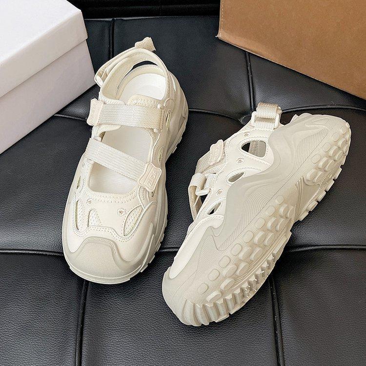 Thick-soled Mary Jane shoes women's 2025 new summer Velcro hollowed-out Roman sandals soft-soled breathable dad shoes