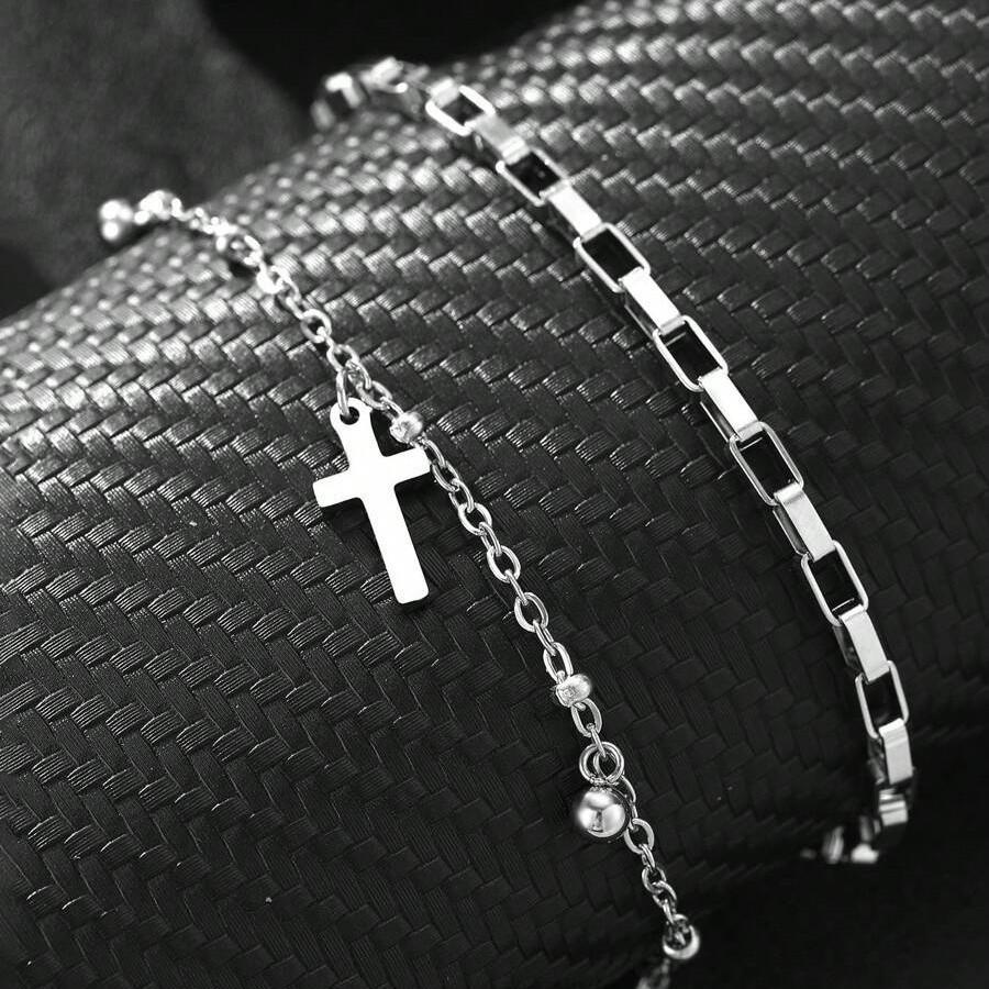 Men Silver Cross Bracelet Double Layer Chain Religious Gift
