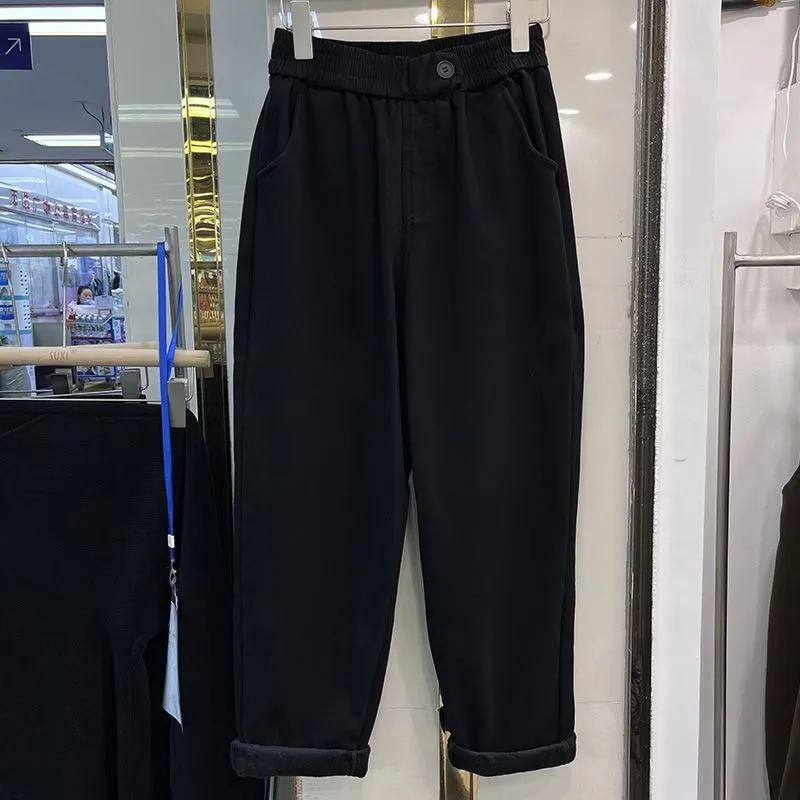 Calças Femininas Plus Size Espessas Elásticas Cintura Alta Calças Compridas Cor Sólida Lã Casual Calças de Perna Larga