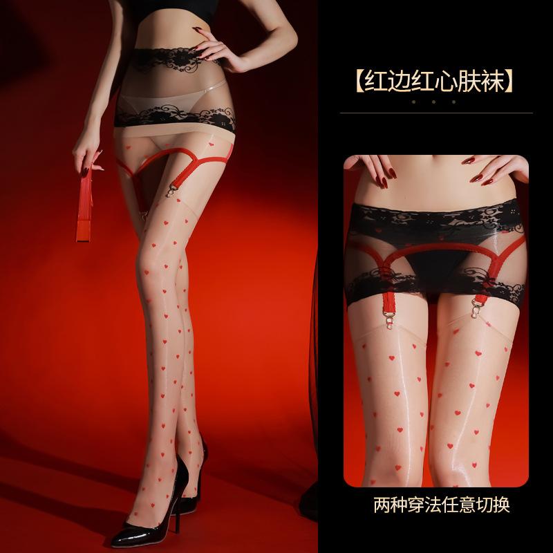 Shiny Stockings Women High Waist Suspender Stocking Set Ultra-Thin Smooth Hosiery Lady Ultra-Thin Tights Heart-Shaped Pantyhose