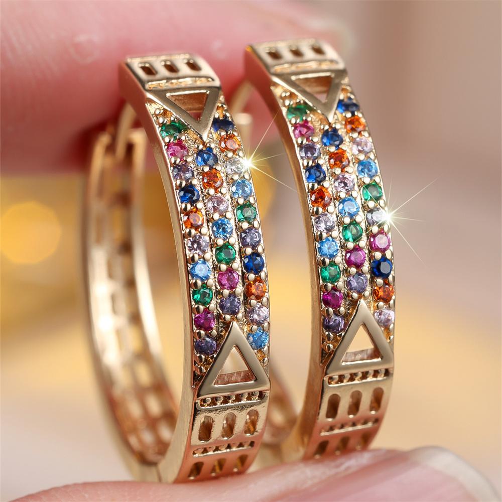 Three Row Small Round Stone Rainbow Zircon Hoop Earrings For Women Vintage Gold Color Ear Buckle Wedding Jewelry Valentine Gifts