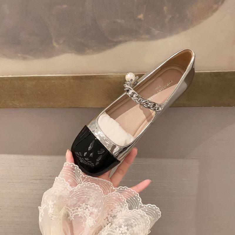 Sheepskin~ A Miu Rhinestone Pearl Buckle Chain Color Matching Mary Jane Shoes Women's Flat-bottomed Light-mouth Single Shoes