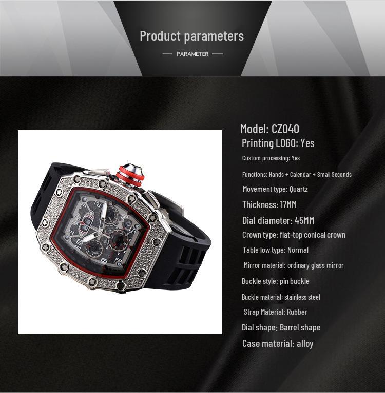 2020 European-American Diamond Skull Six-Hand Quartz Barrel Men's Watch