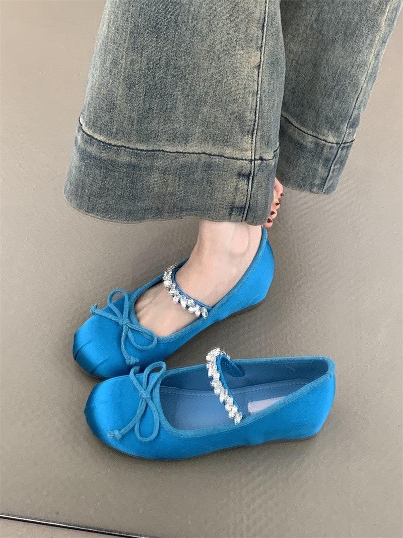 

Небольшое увеличение внутренней высоты, туфли Мэри Джейн 2025, новые французские нежные атласные балетки со стразами в стиле феи 35 синий