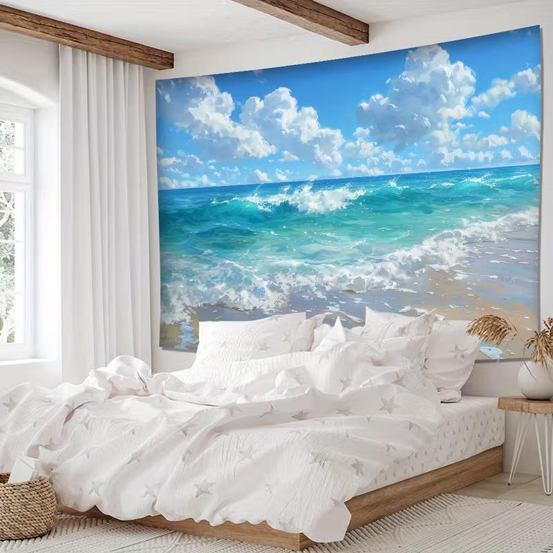 2D Coastal Beach & Ocean Waves Tapestry Bright Sunny Nature Art Wall Decor Cloth for Home & Bedroom