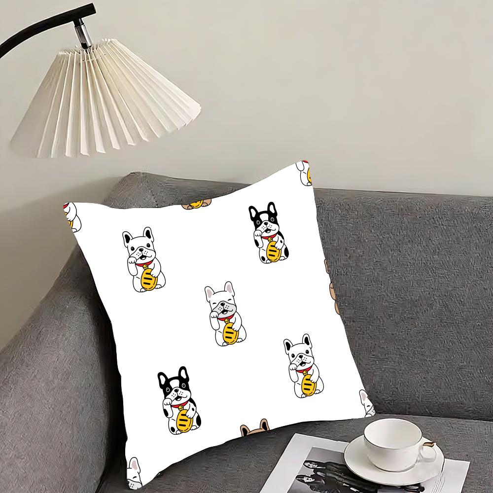 Cartoon French Bulldog Pattern Cushion Cover Reversible Plush Pillow Cover – For car, sofa, bedroom, perfect as a gift.