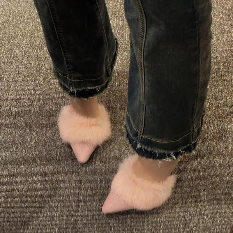 High Heel Fur Mule Slides Woman Elegant Pointed Toe Furry Slippers Ladies Luxury Plush Evening Party Pump Shoes