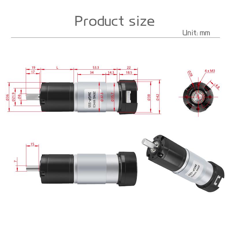 36GP-555 Planetary Gear Reduction Motor with Hall Effect Sensor And Encoder, 12V-24V All-Metal Gear Motor, High Torque DC Motor