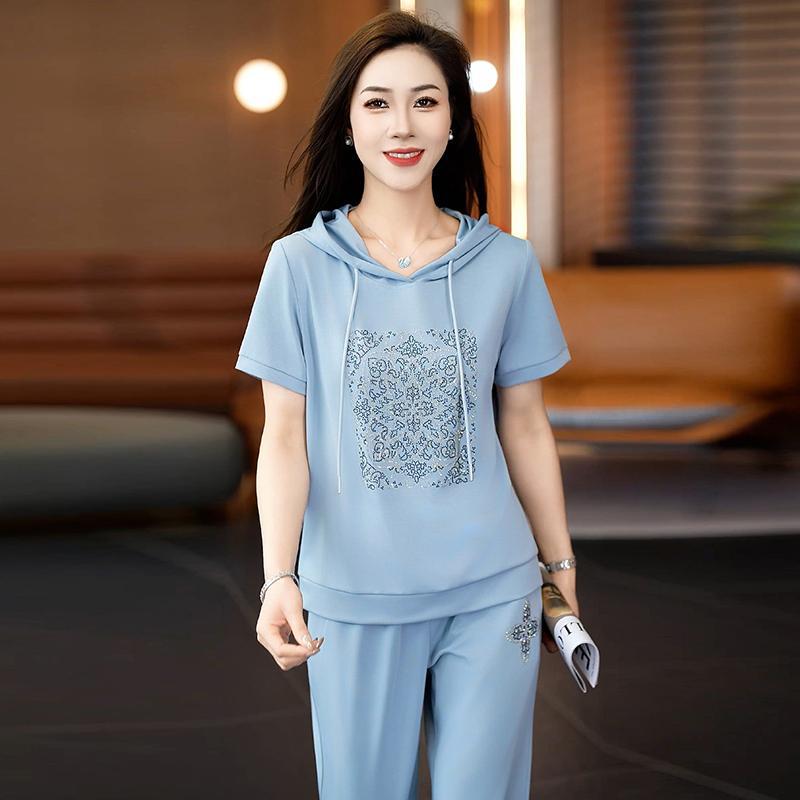 2026 Women s Summer Casual Chic Two-Piece: Loose Top Trendy Trousers L (100-110 lbs) синий