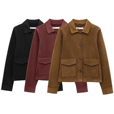 Women's Suede Texture Jacket Fashion Long Sleeve Cropped Coats Women Casual New In Outerwear