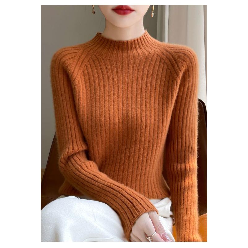Autumn Winter Women Knitwear Slim Fit Semi High Neck Pure Color Loose Short Knitted Sweater Base Layer