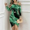 Women Plus Size Asymmetric Cold Shoulder Long Sleeve Green Black Marble Print Irregular Wrap Bodycon Midi Dress