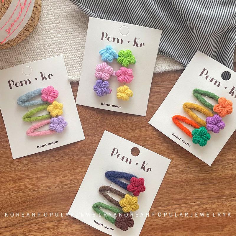 Handmade Korean Crochet Flower Hair Accessory Set for Autumn: Women's & Children's Ponytail Ties & Sweet Side Bang Clips