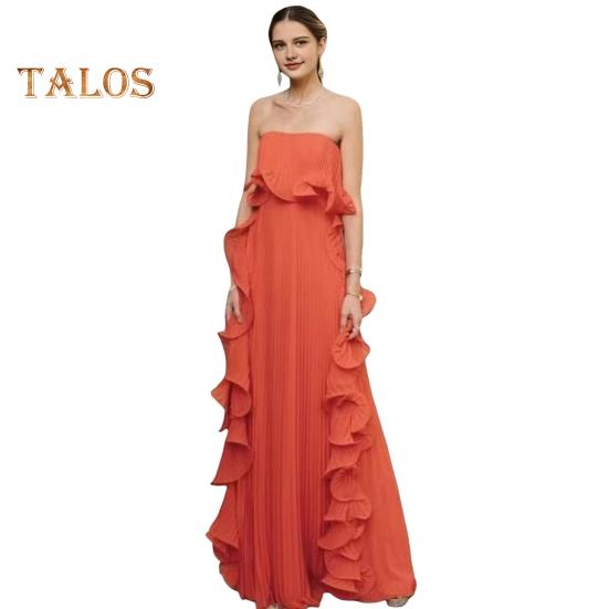 Damen Schulterfreies Maxikleid Sommer Rüschen Plissee Swing Langes Kleid für Hochzeitsfeiern Reisen Strand-Outfit