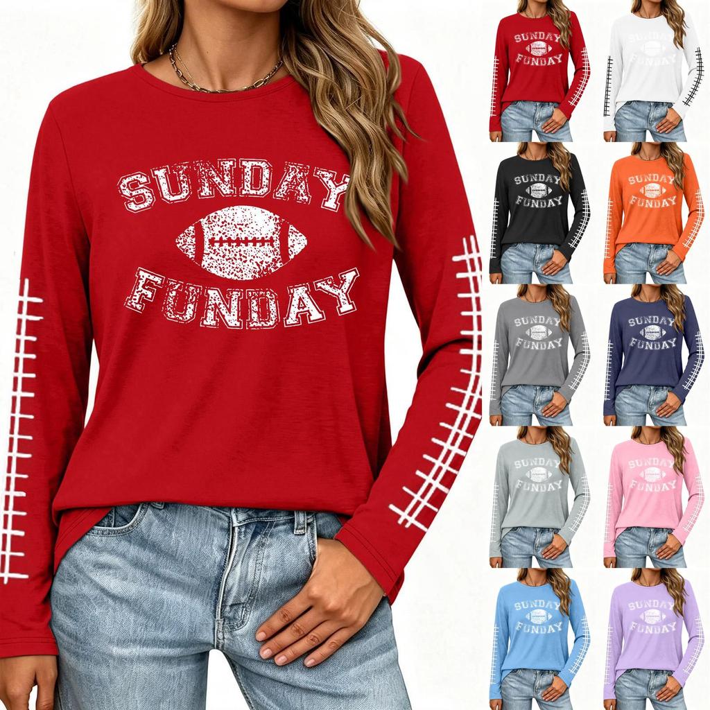 Women's Fashion Long Sleeve Neck Top with Rugby Graphic Print and Side Split Hem
