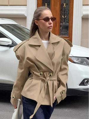 2025 Autumn Women's Khaki Trench Coat: Trendy Lace-Up, Waist-Cinching, Mid-Length Design